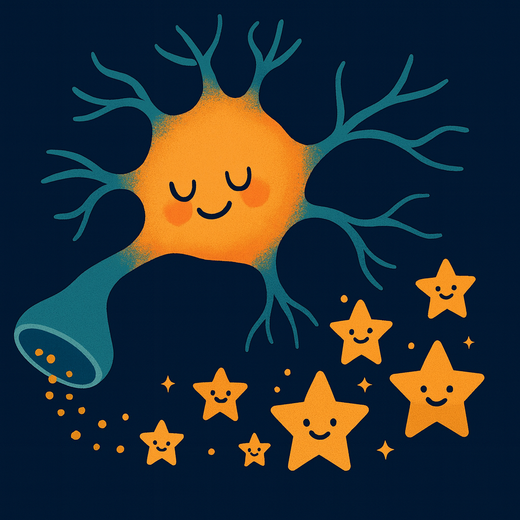 Ilustracja neuronu uwalniającego gwiazdki dopaminy